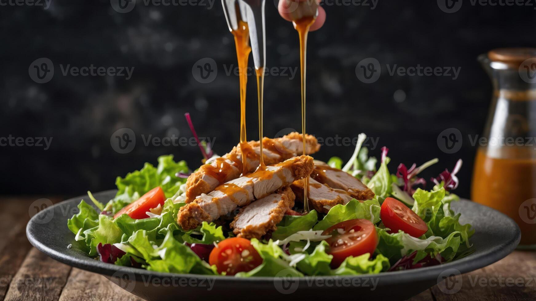 A vibrant salad topped with sliced chicken and drizzled dressing, showcasing a healthy meal. photo