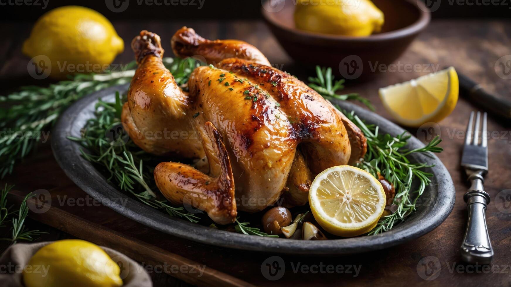 A beautifully roasted chicken garnished with lemon and herbs on a rustic wooden table. photo