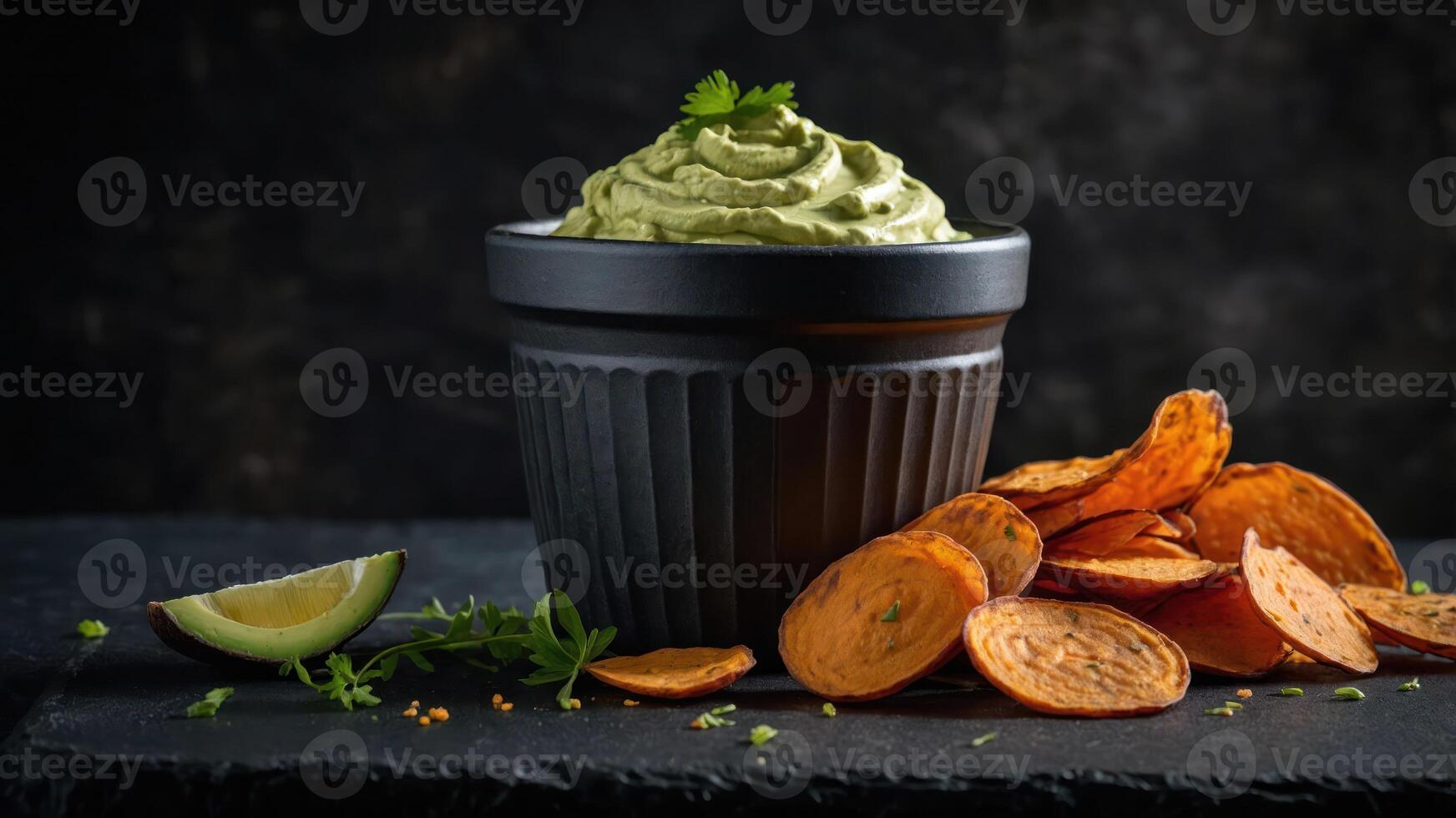 A bowl of creamy dip surrounded by sweet potato chips and lime wedges on a dark background. photo
