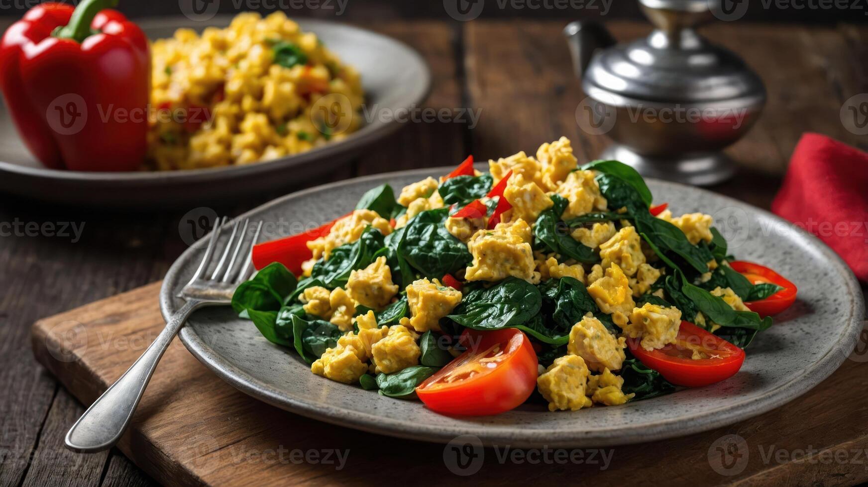 A plate of scrambled eggs with spinach and tomatoes, served with a side of rice. photo