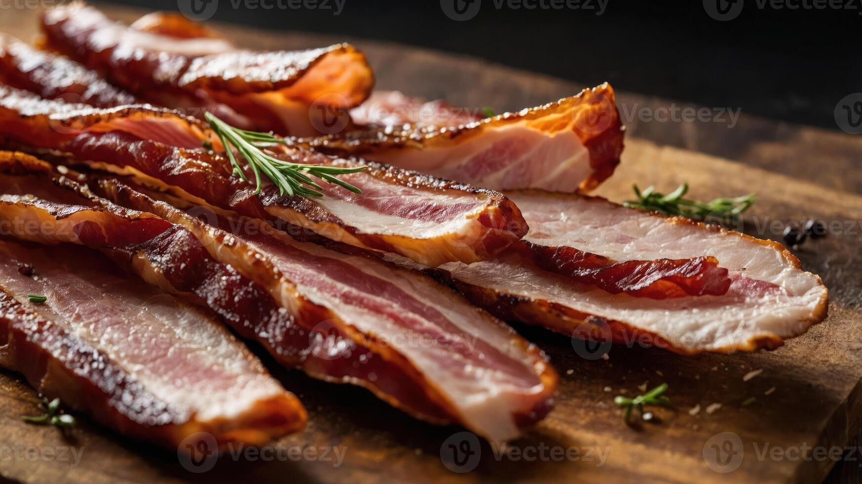 Slices of crispy bacon garnished with herbs on a wooden board. photo