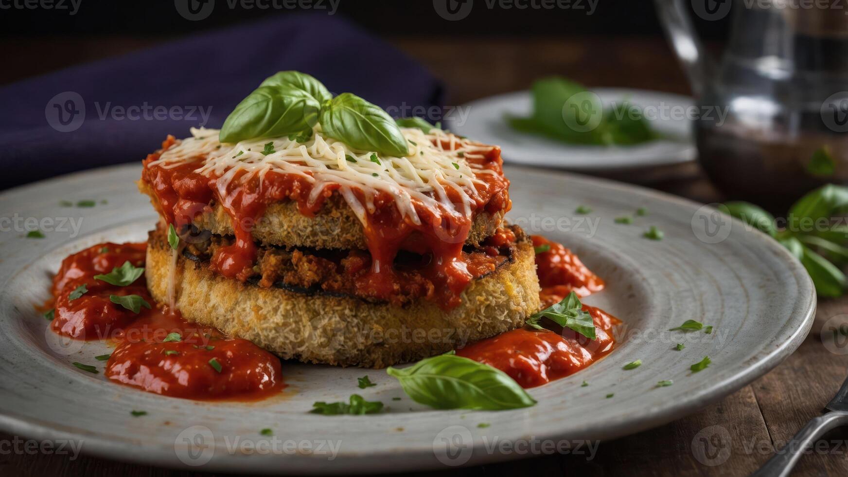 A delicious layered dish topped with marinara sauce, cheese, and fresh basil on a plate. photo