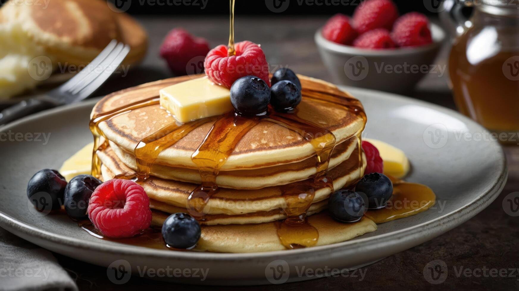 A delicious stack of pancakes topped with butter, berries, and syrup on a rustic table. photo