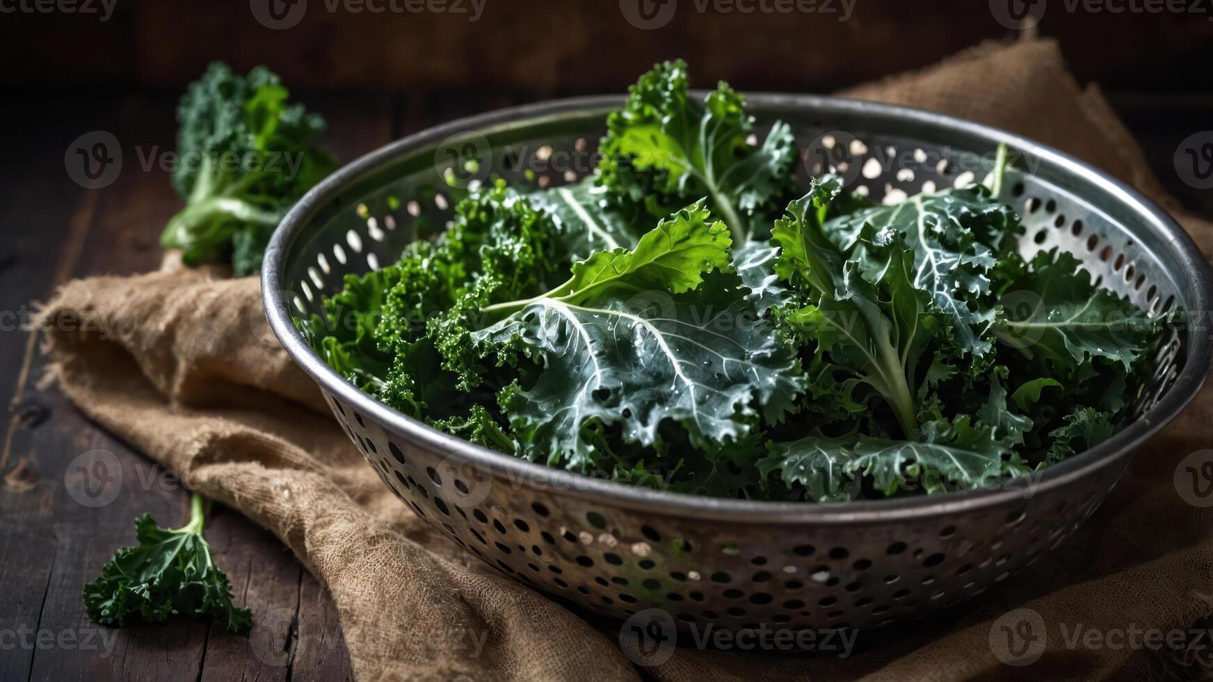 Fresh kale leaves in a metal colander on a rustic wooden surface. photo