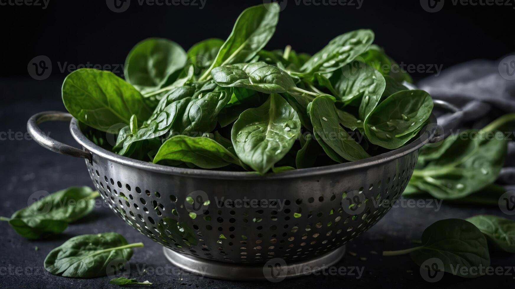 Fresh spinach leaves in a metal colander, ready for preparation or cooking. photo