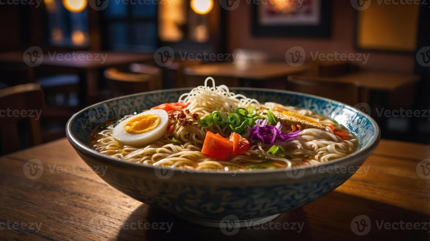 A delicious bowl of ramen with toppings, served in a cozy restaurant setting. photo