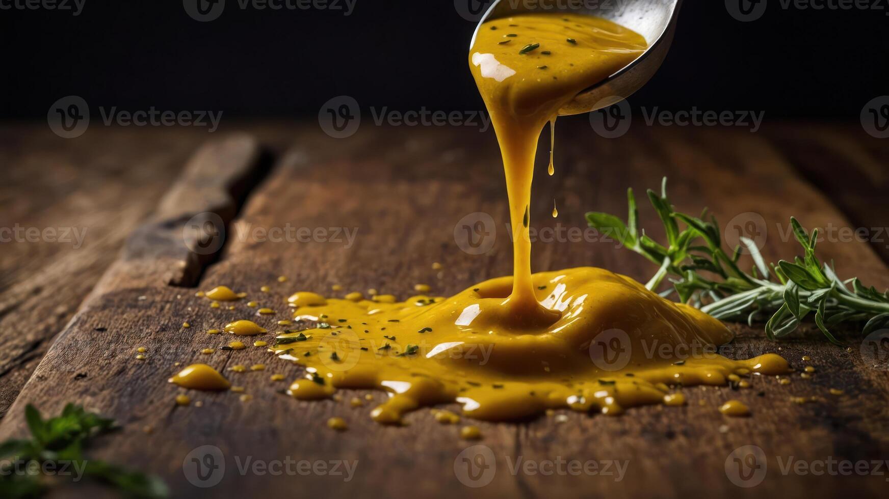 A spoon drips yellow sauce onto a wooden surface, highlighting its creamy texture. photo