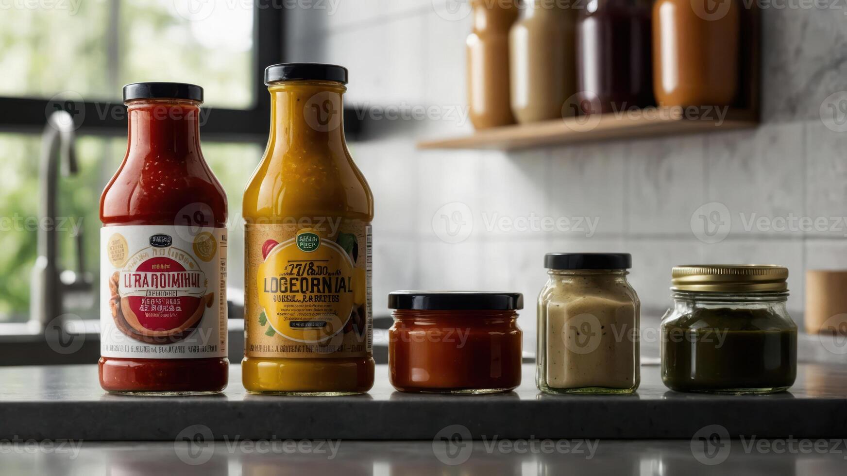 A variety of sauces and condiments displayed on a countertop. photo