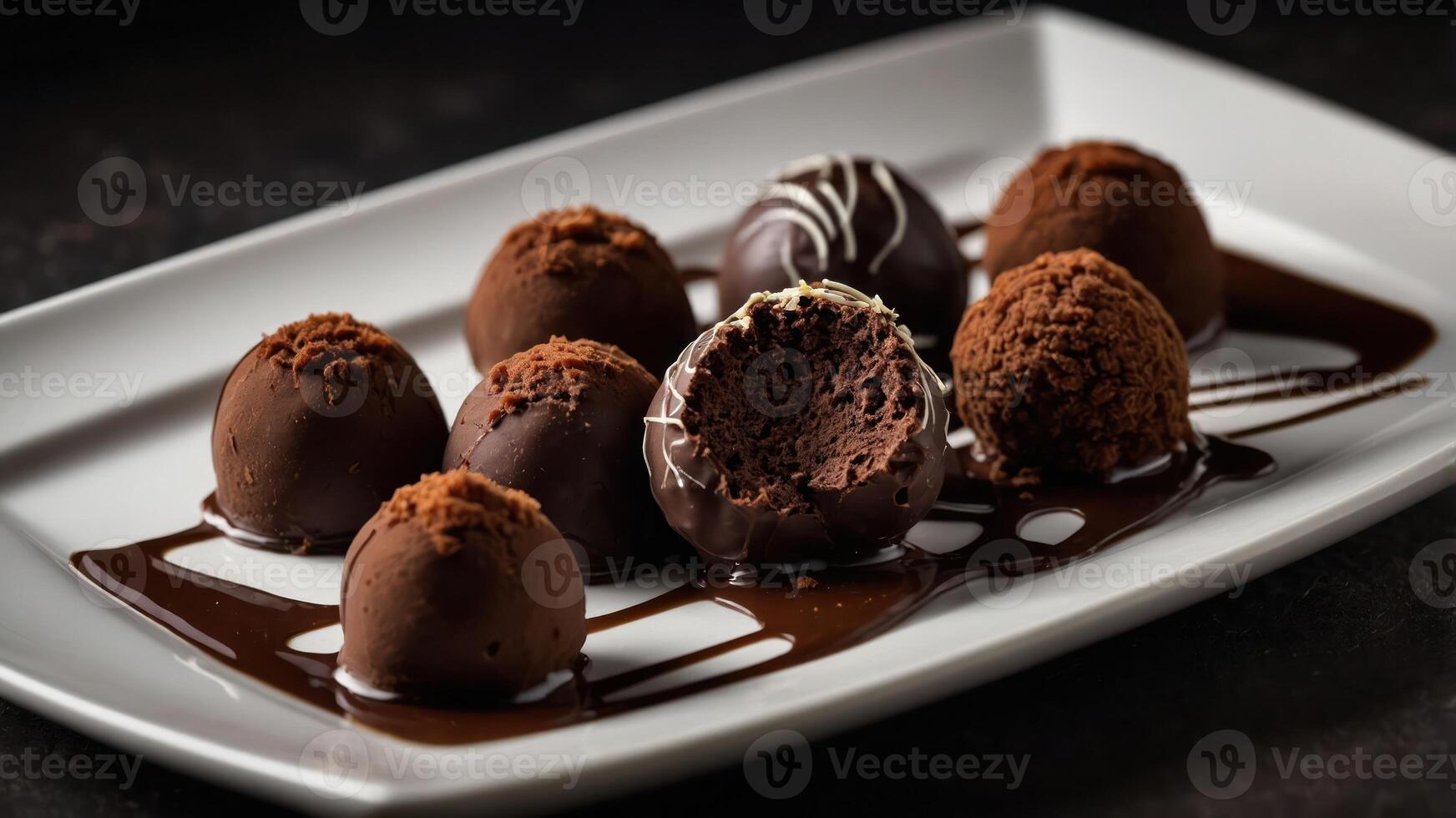 A plate of chocolate truffles drizzled with sauce, showcasing rich textures and flavors. photo