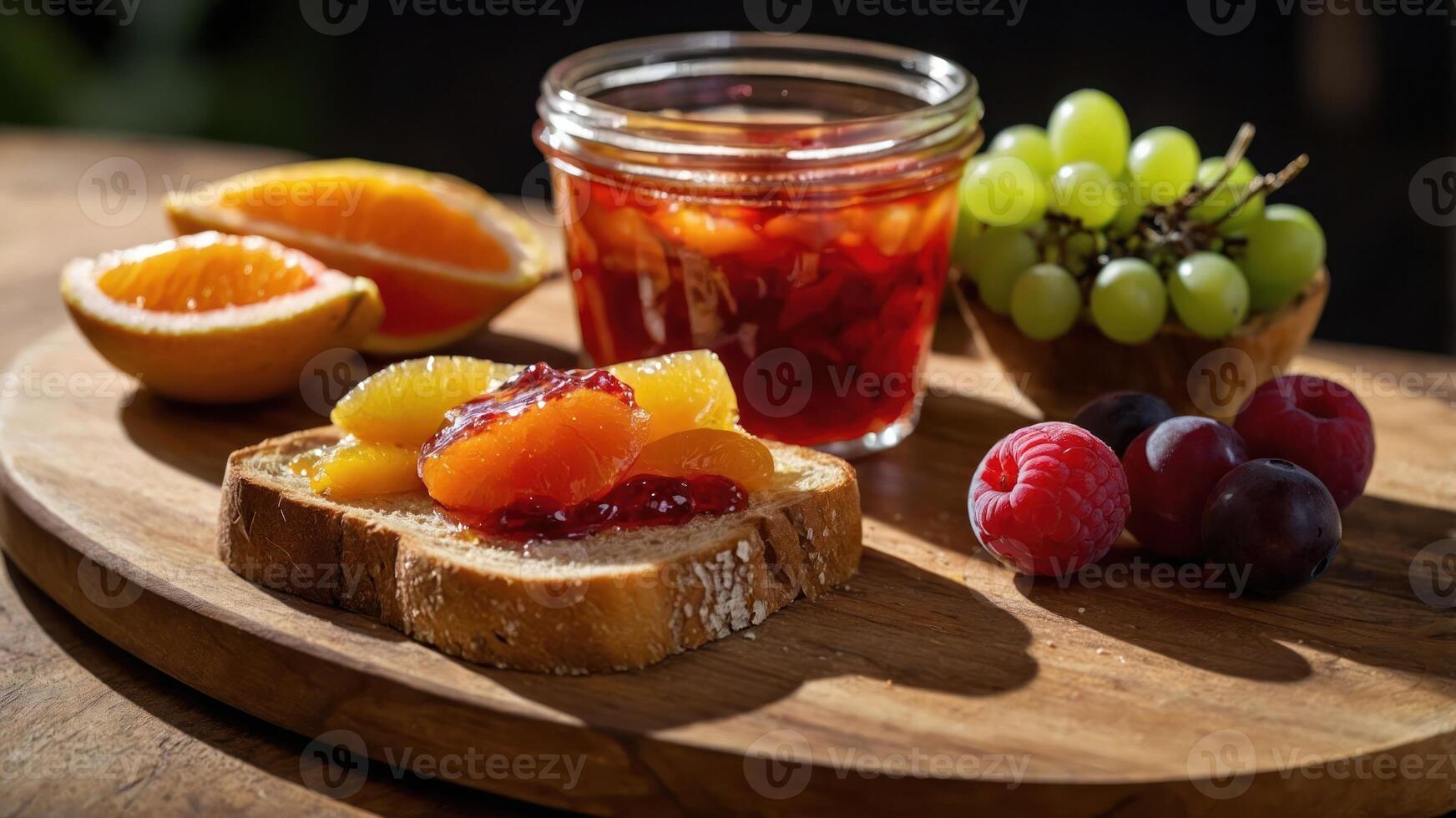 A rustic wooden platter featuring toast with fruit jam, fresh fruits, and a jar of preserves. photo
