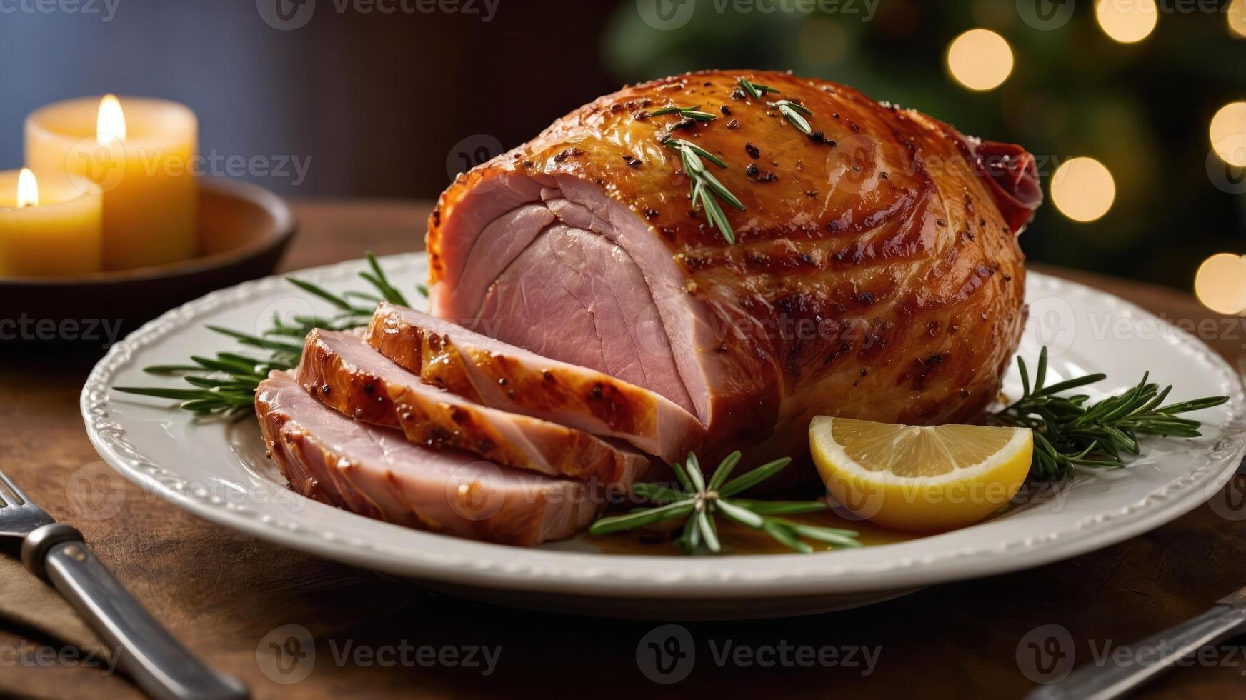A beautifully glazed ham, sliced and garnished with rosemary and lemon, set for a festive meal. photo