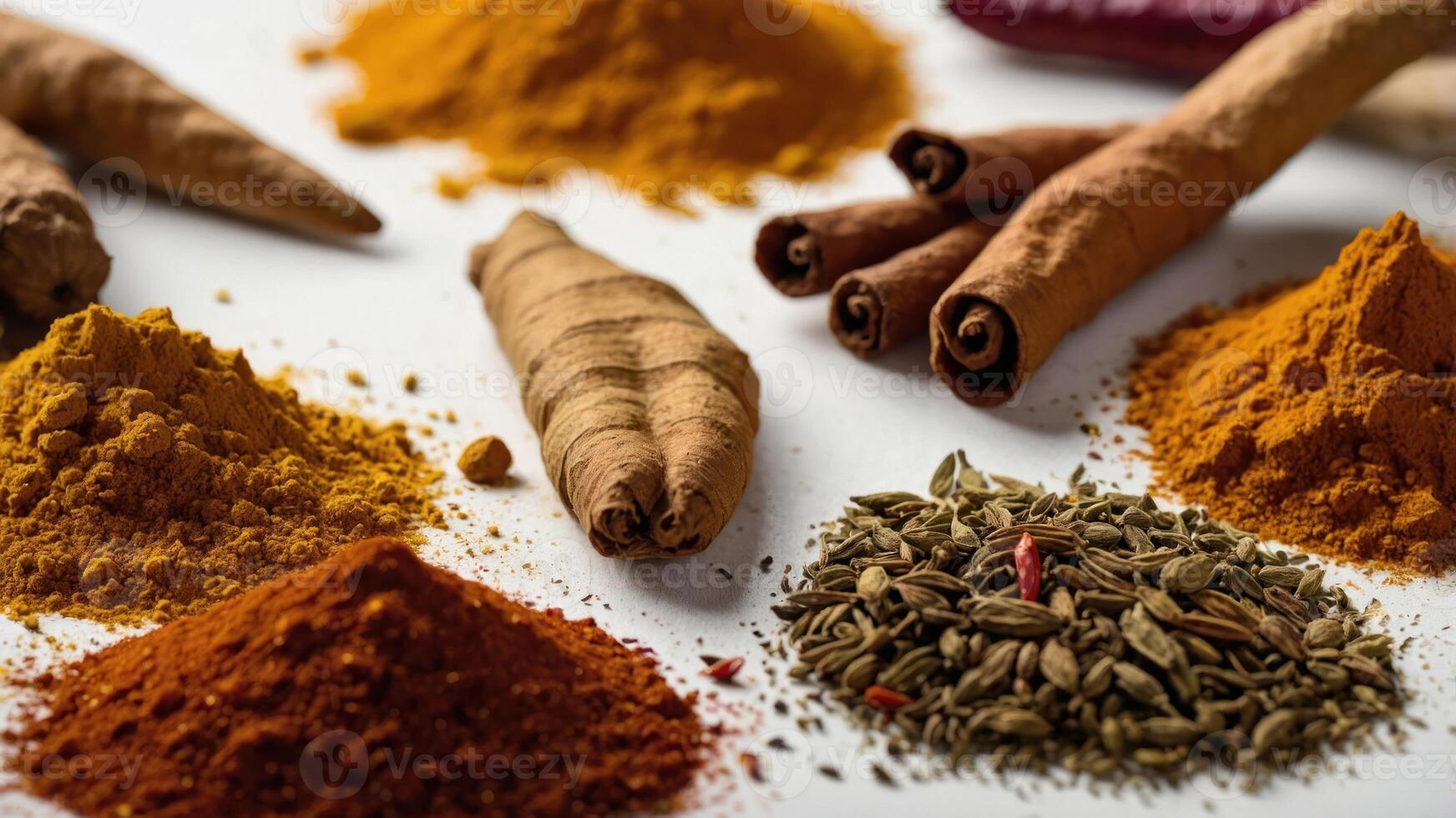 A vibrant assortment of spices arranged artistically on a surface. photo