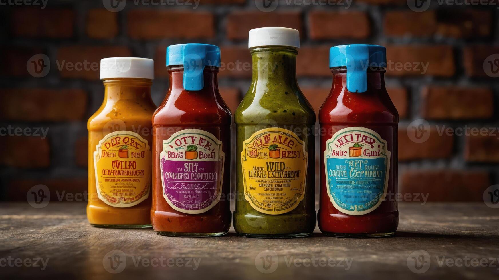 A collection of colorful sauce bottles arranged on a wooden surface against a brick wall. photo