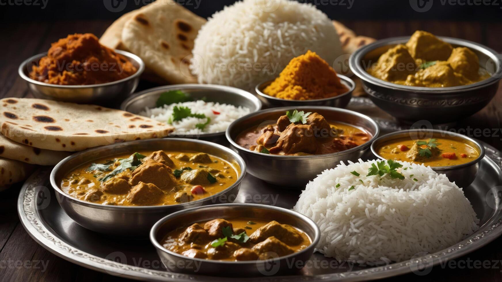 A vibrant Indian meal featuring curries, rice, and flatbreads on a decorative platter. photo