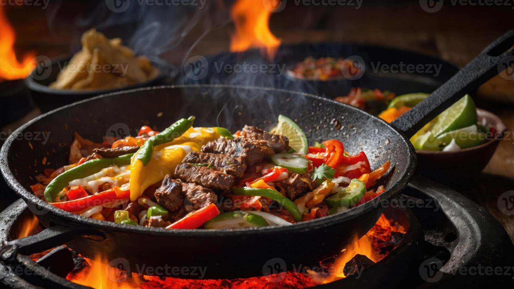 A sizzling dish of grilled meat and vegetables, served in a cast-iron skillet. photo
