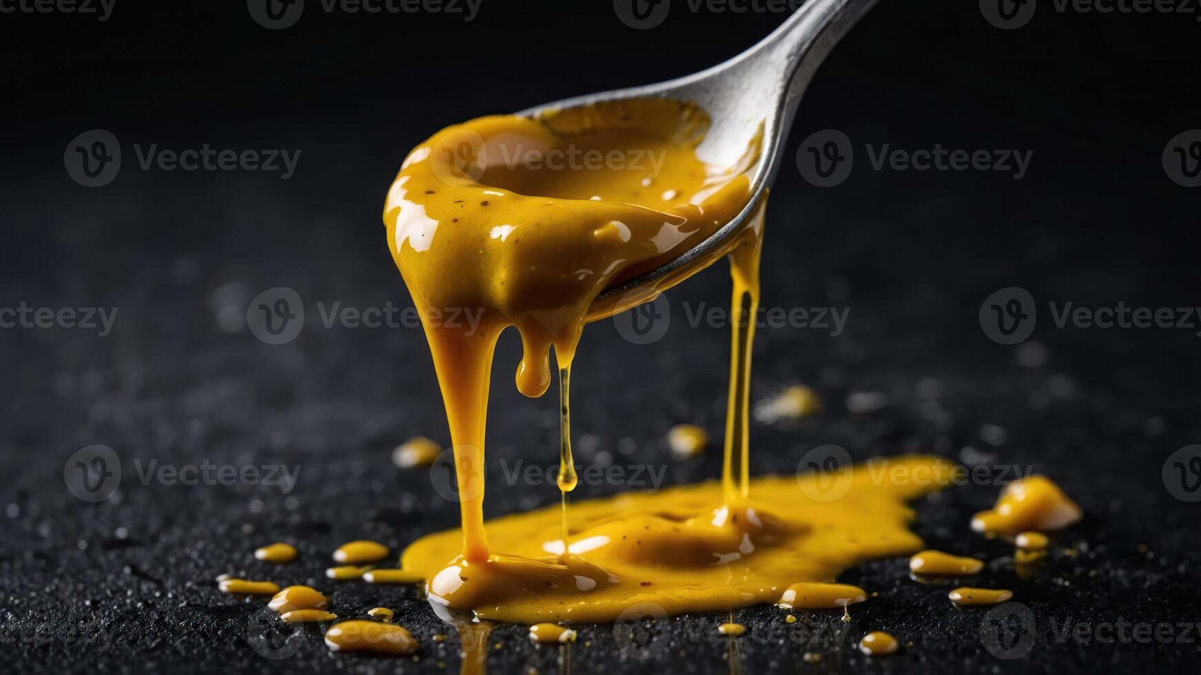 A spoon with dripping yellow sauce on a dark surface, showcasing texture and color. photo