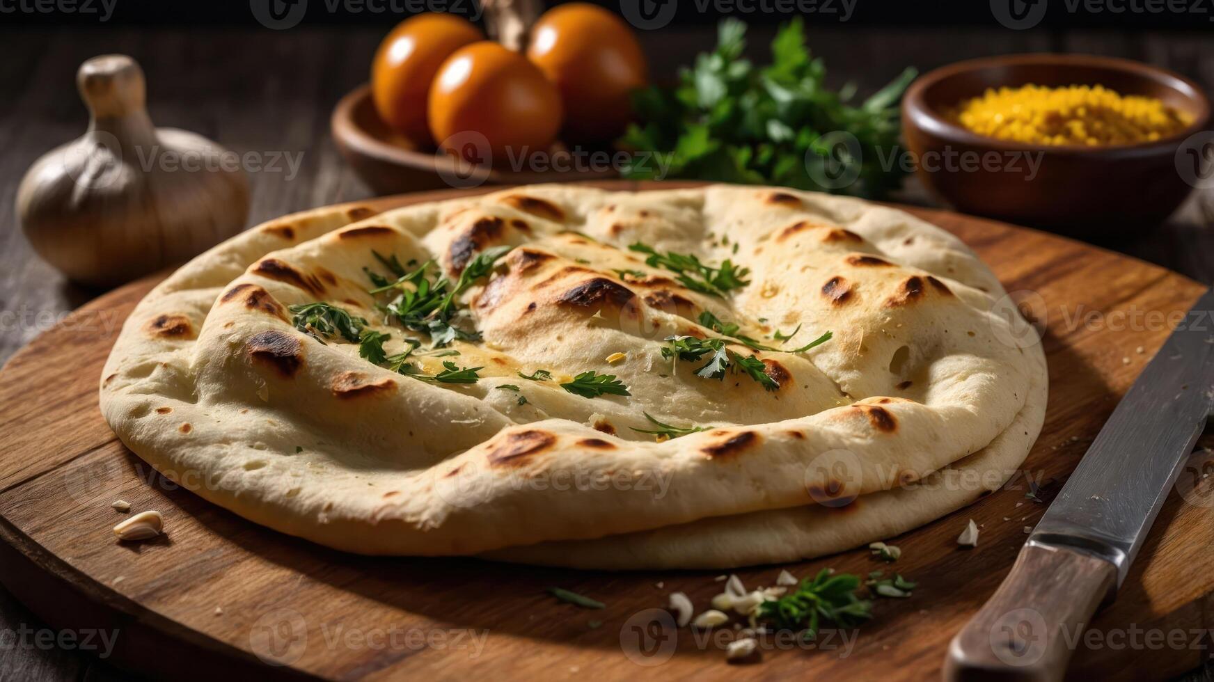 A freshly baked naan bread garnished with herbs, accompanied by eggs and garlic. photo