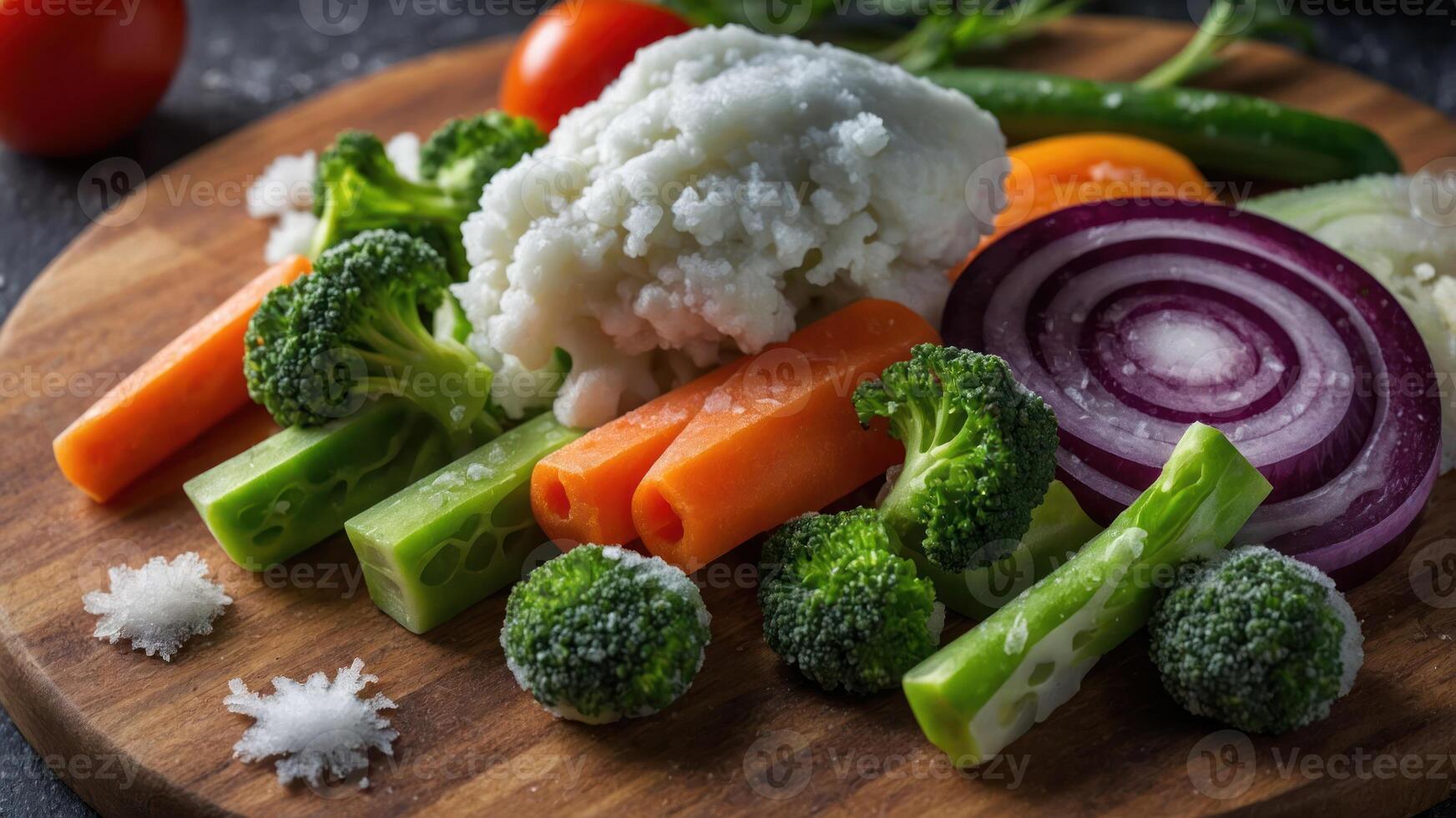 A colorful assortment of fresh vegetables arranged on a wooden cutting board. photo