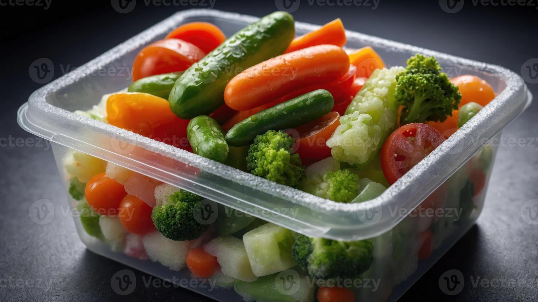 A plastic container filled with a colorful assortment of fresh vegetables. photo