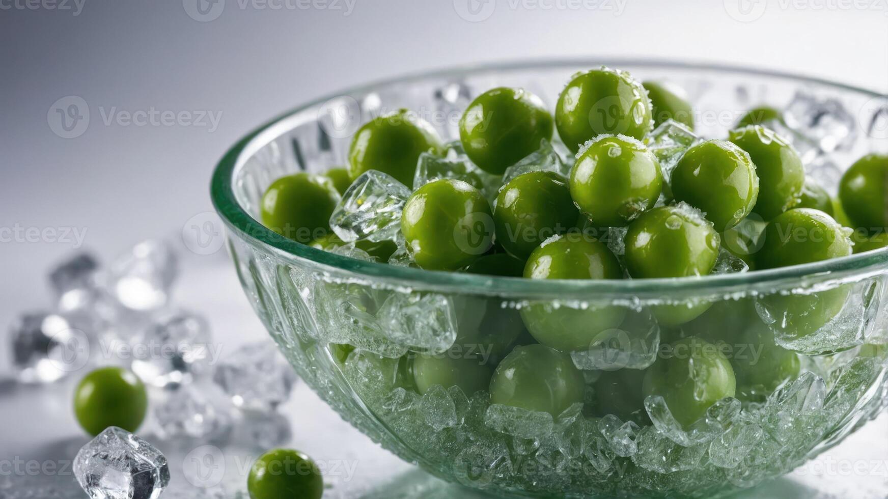 A bowl of green peas on ice, showcasing freshness and culinary presentation. photo