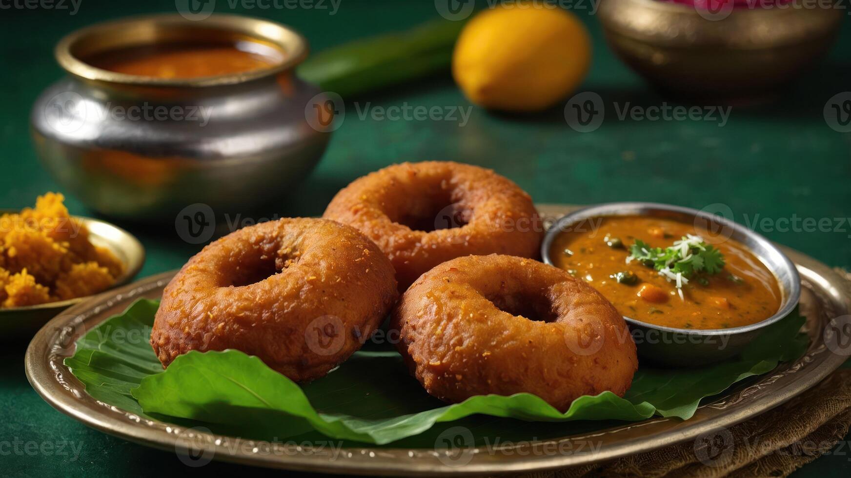 A traditional Indian meal featuring crispy doughnuts served with curry and chutney. photo