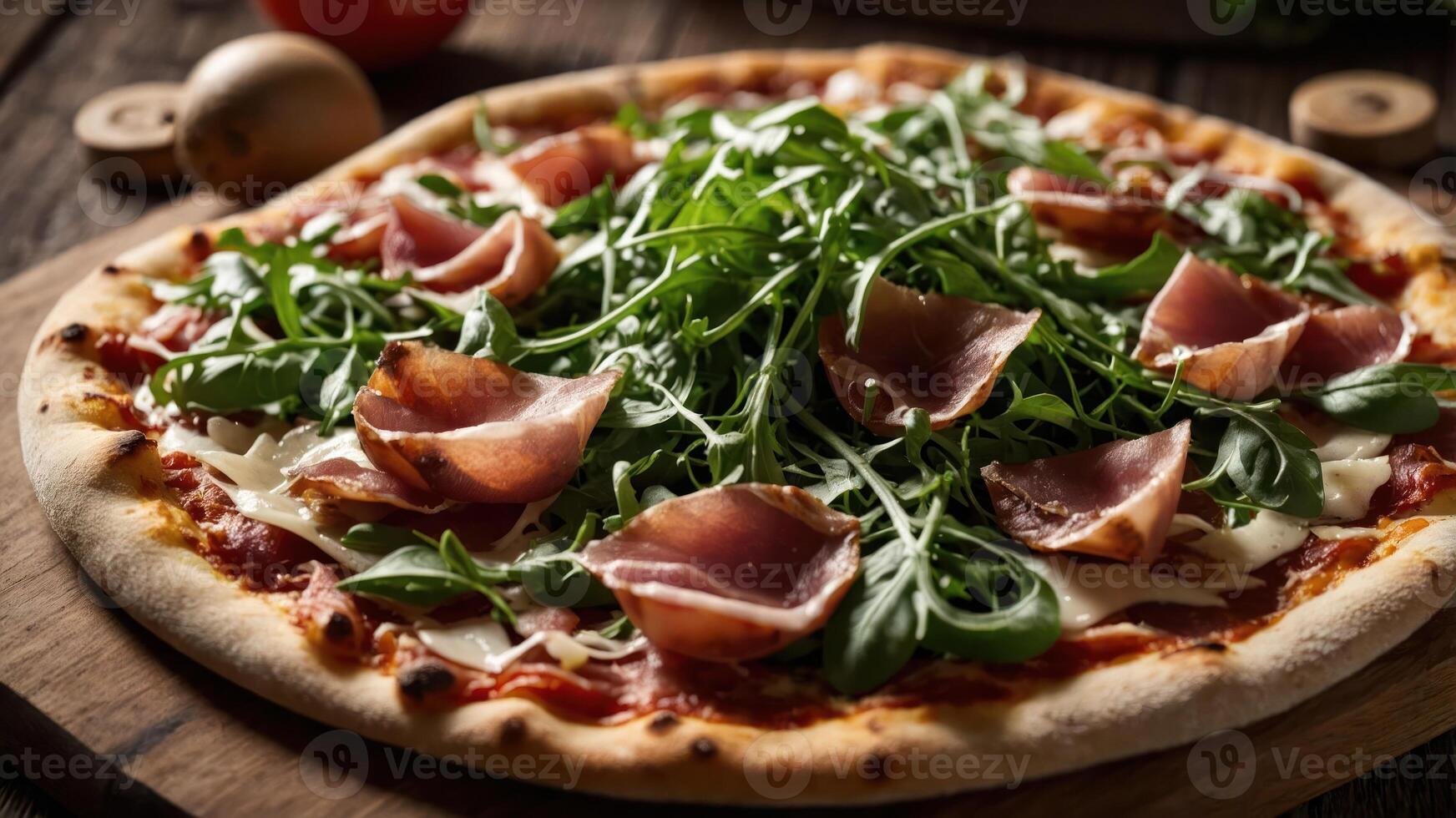 A delicious pizza topped with arugula and prosciutto on a wooden surface. photo
