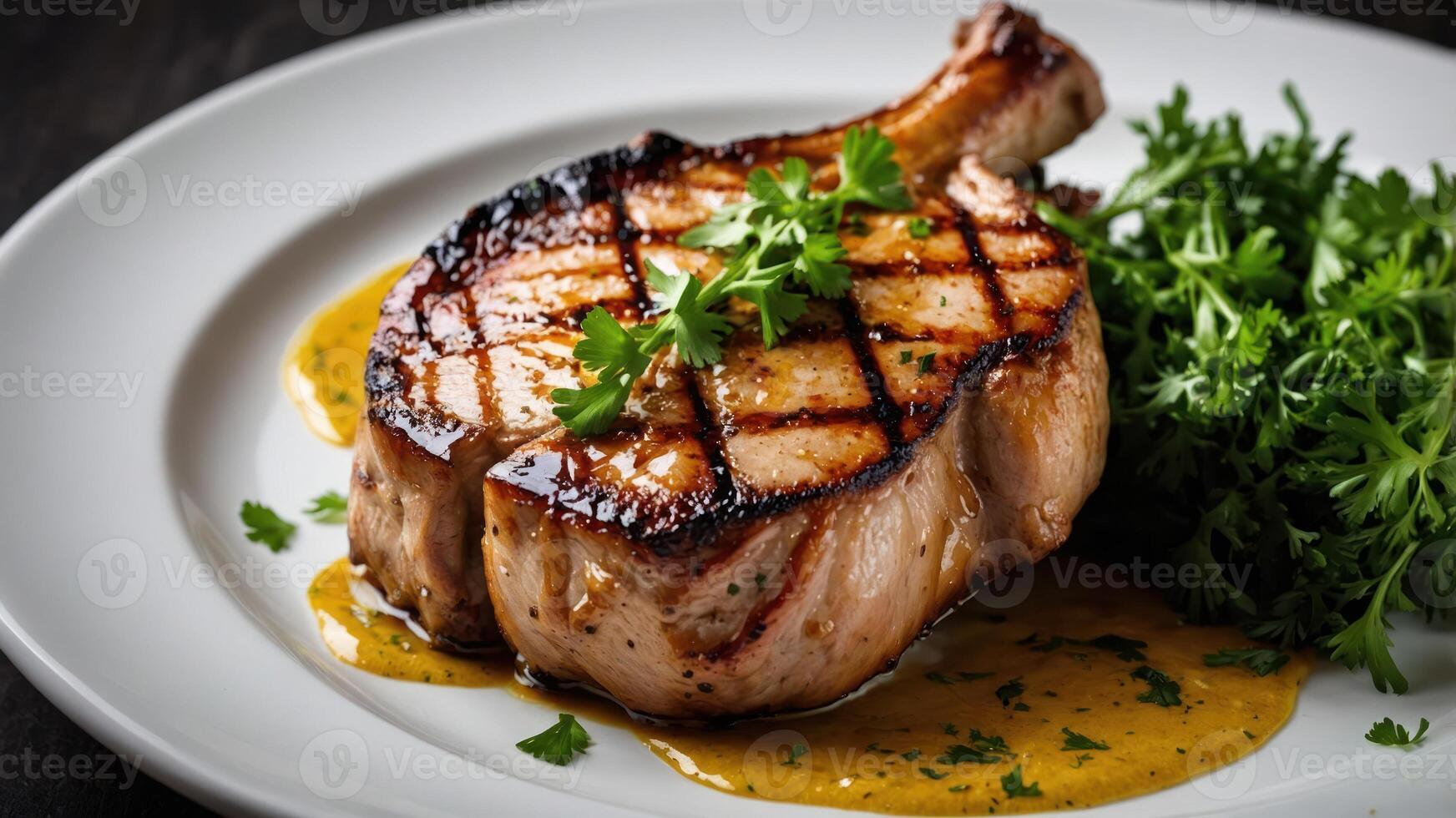 A grilled pork chop garnished with herbs, served on a plate with sauce. photo