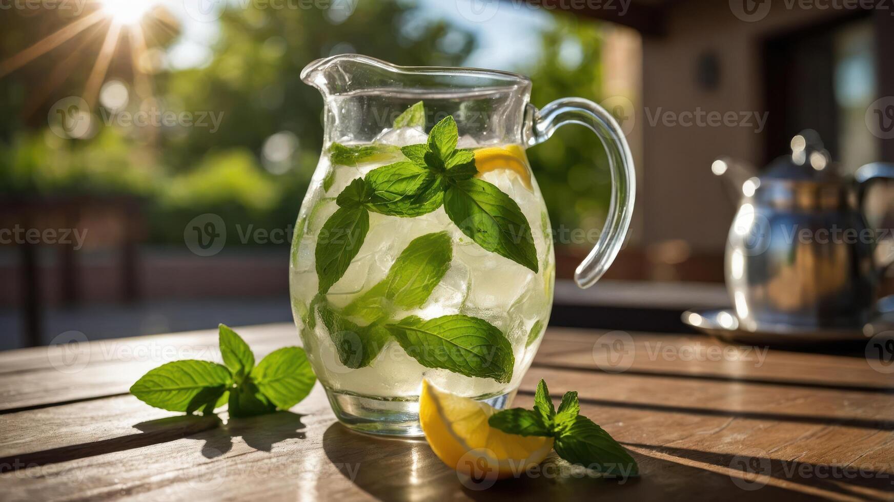 A refreshing pitcher of lemonade with mint and lemon slices on a wooden table. photo