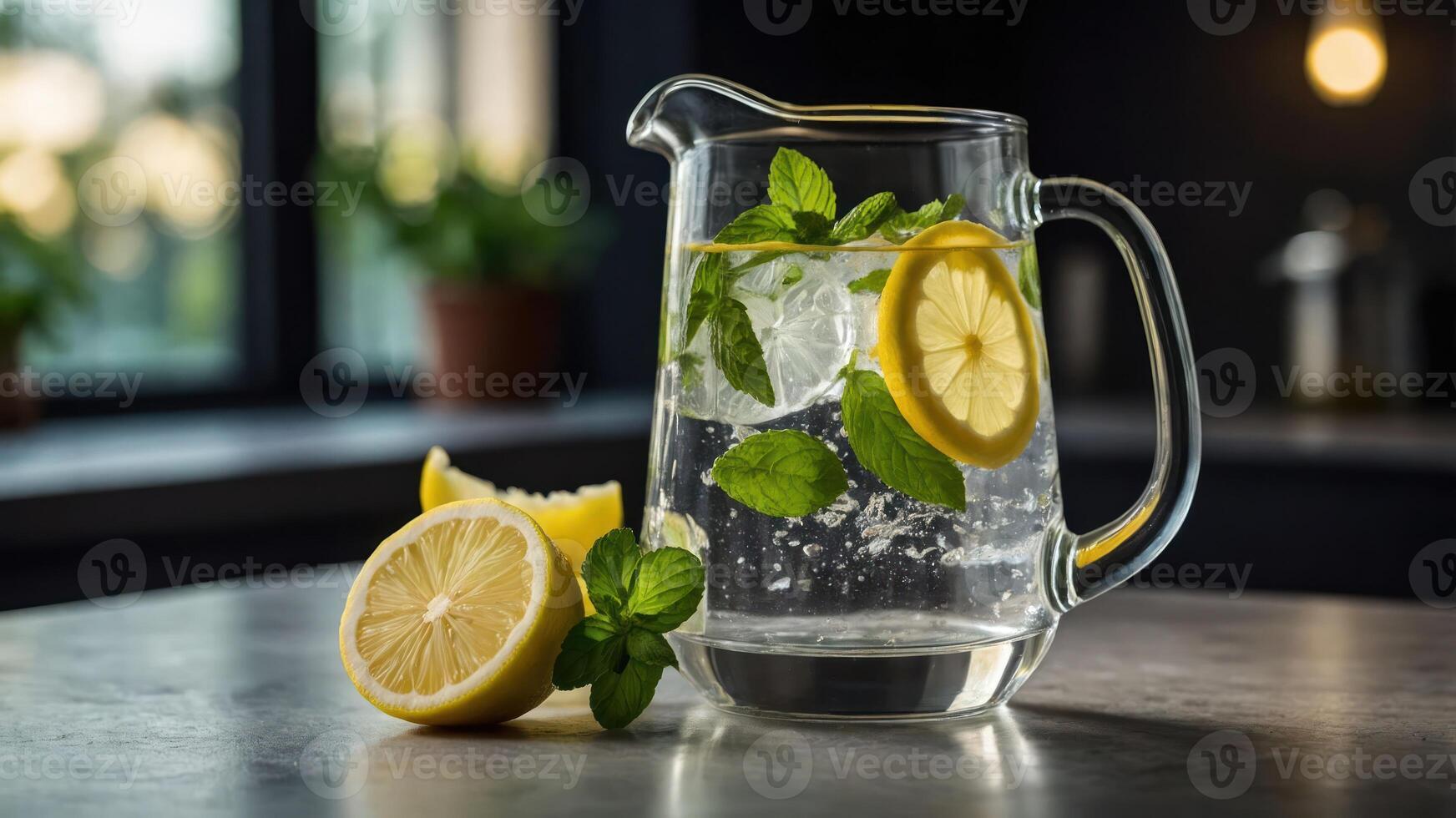 A refreshing pitcher of lemon water with mint, perfect for hydration and summer enjoyment. photo