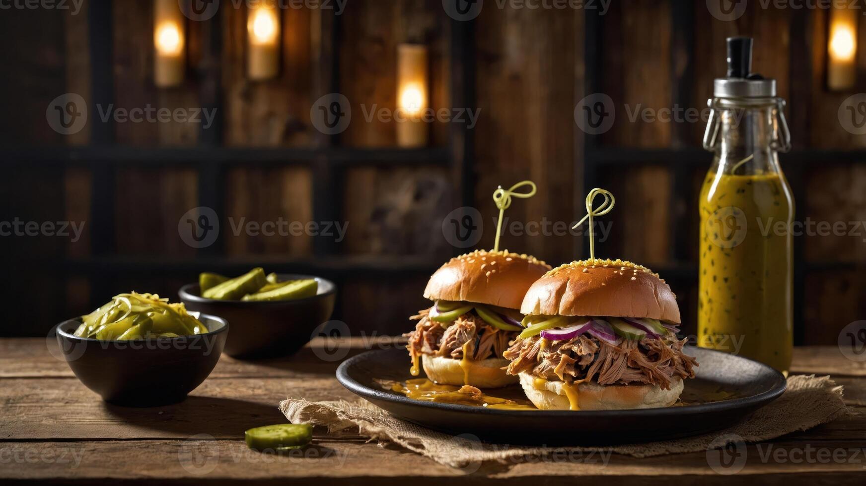 Two pulled pork sliders with pickles and a bottle of sauce on a rustic wooden table. photo