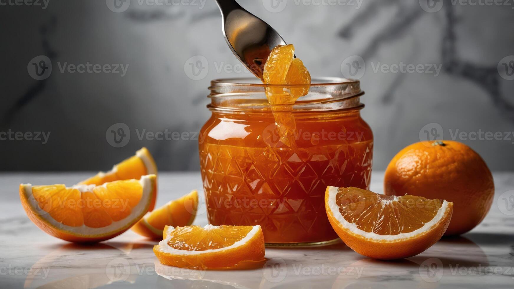 A jar of orange marmalade with slices of orange on a marble surface. photo