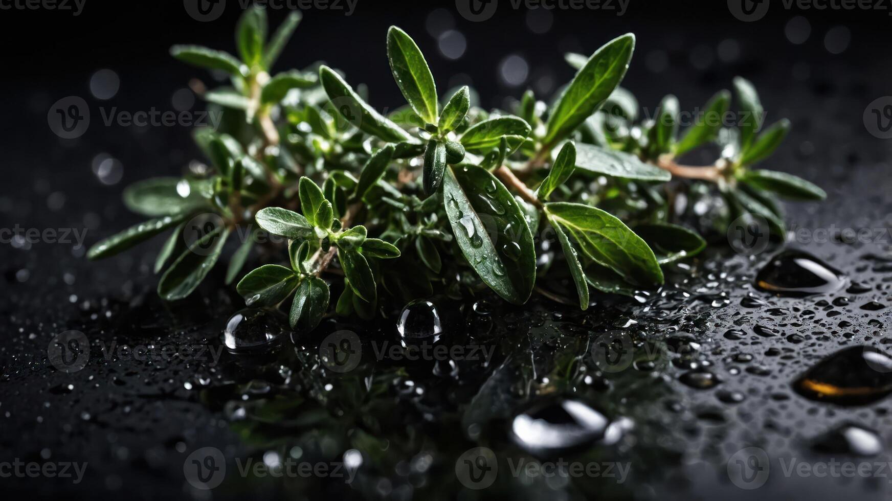 Fresh thyme sprigs with water droplets on a dark surface, showcasing natural beauty. photo