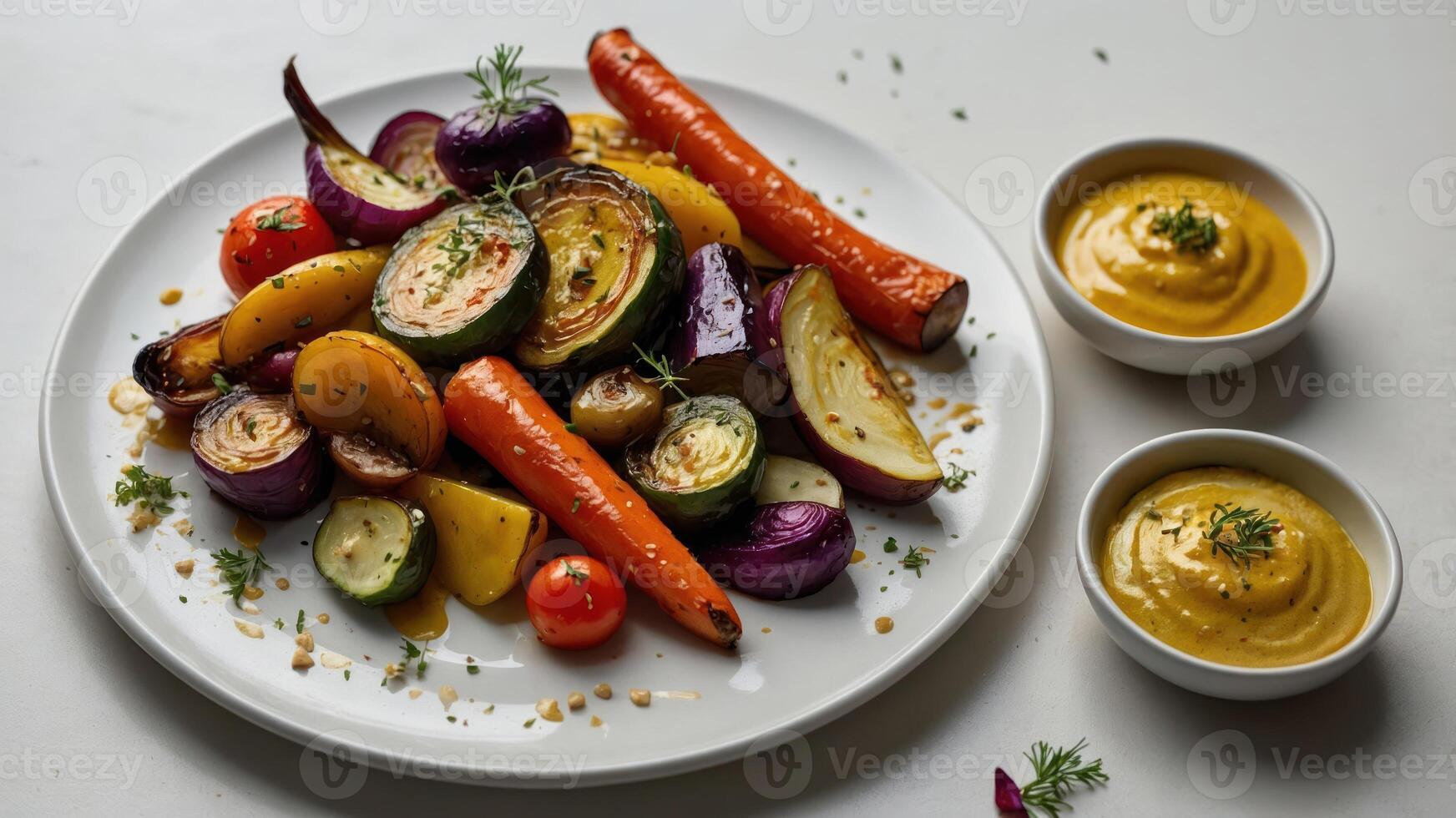 A colorful plate of roasted vegetables served with two bowls of sauce. photo