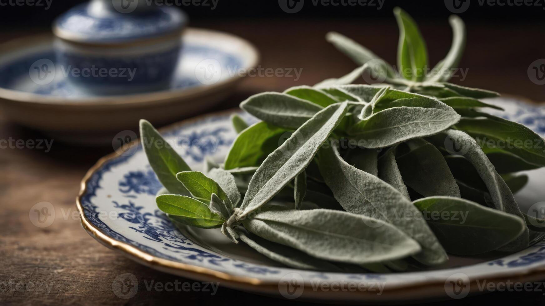 Fresh sage leaves arranged on a decorative plate, showcasing culinary herbs. photo