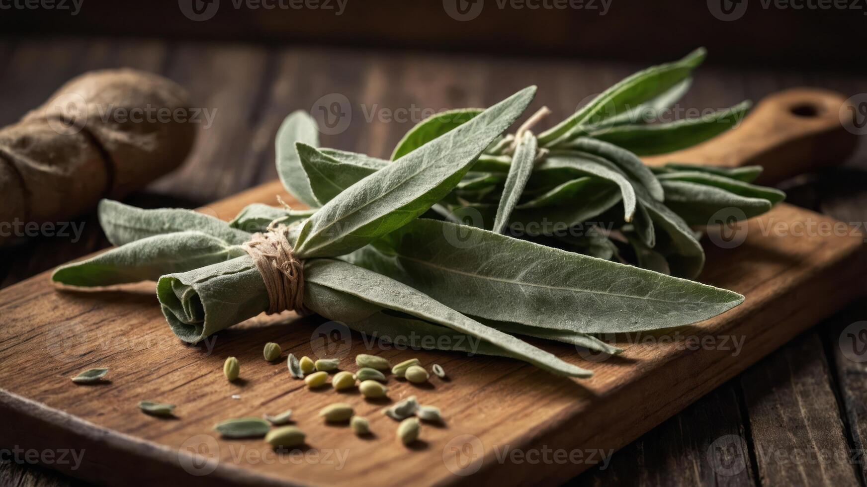 Fresh sage leaves bundled on a wooden board with seeds scattered around. photo