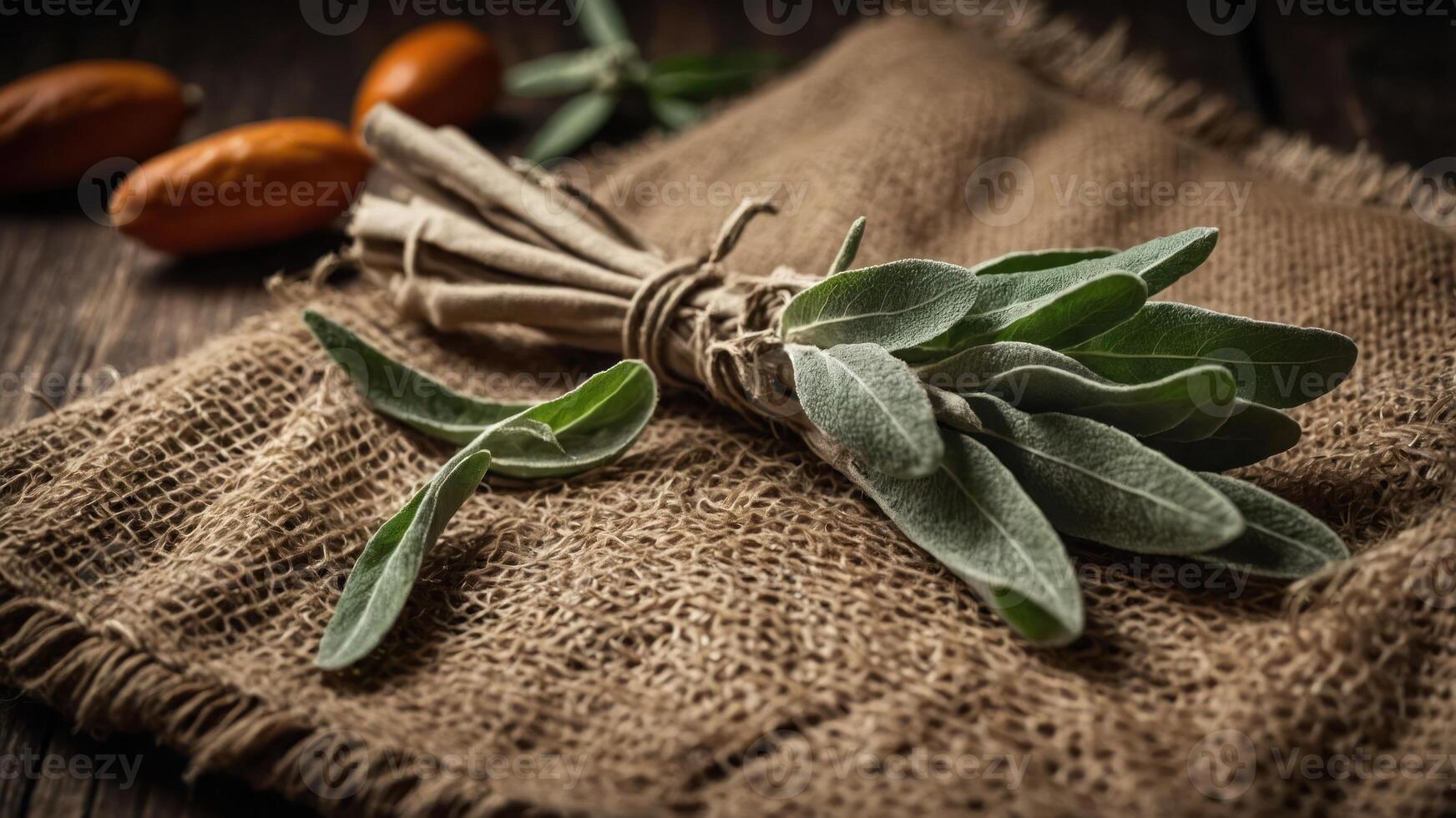 A bundle of fresh sage leaves on burlap fabric, with some nuts in the background. photo