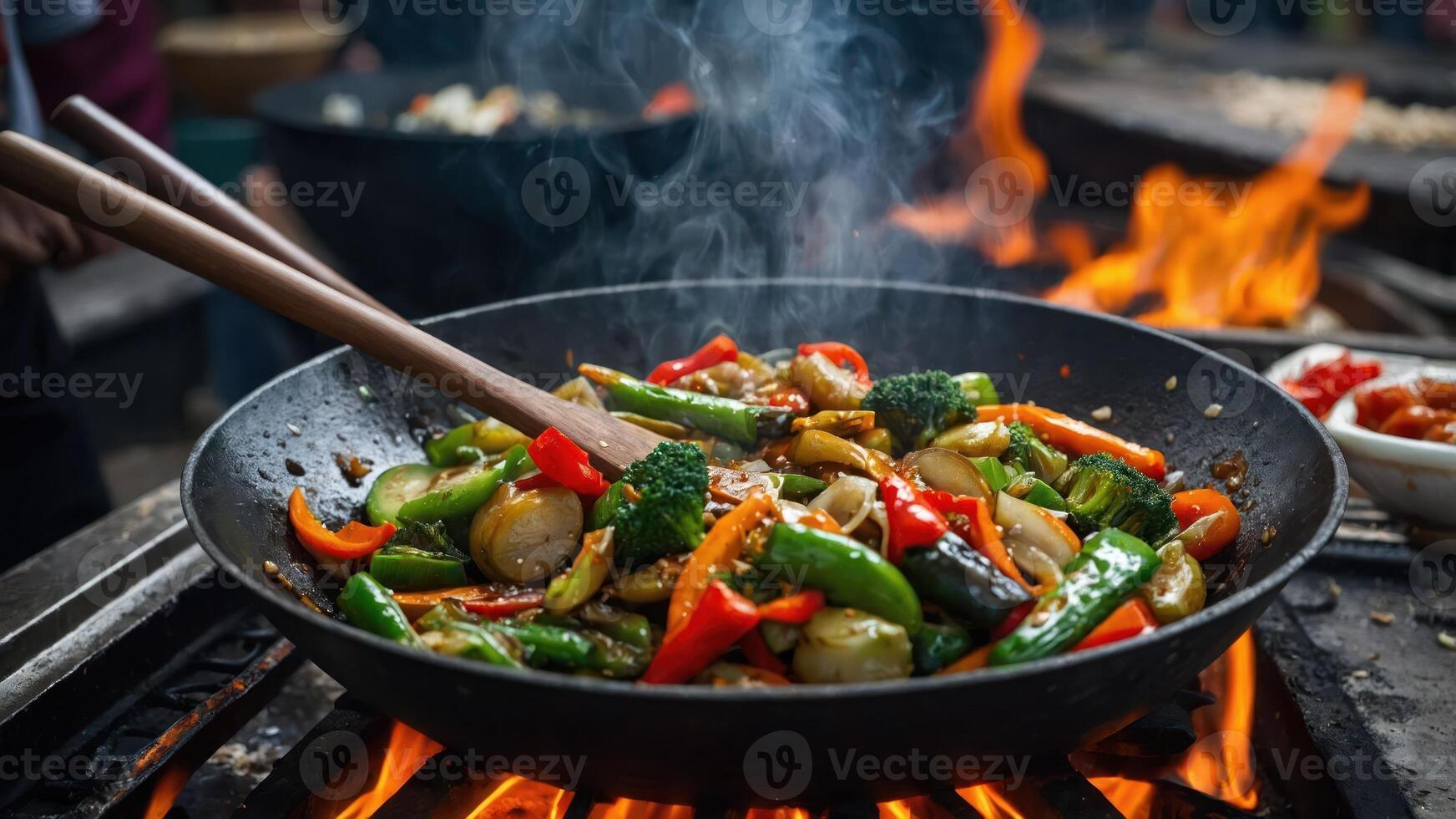 A vibrant stir-fry of colorful vegetables sizzling in a wok over an open flame. photo