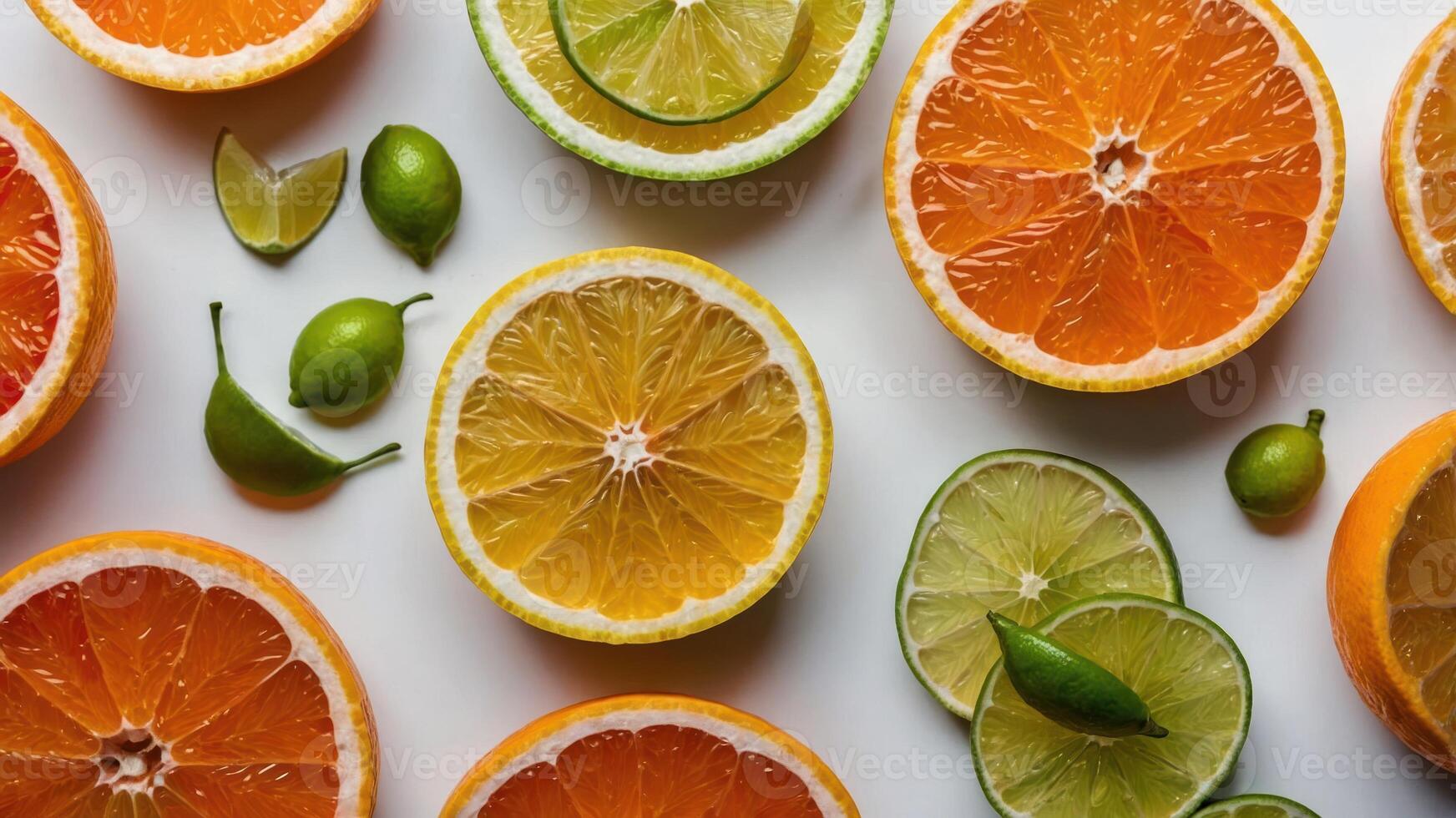 A vibrant assortment of sliced citrus fruits arranged artistically on a white background. photo
