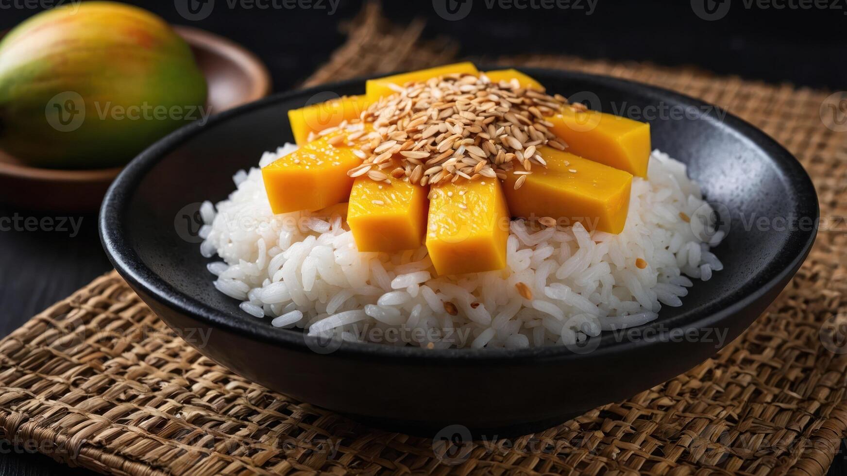 A bowl of sticky rice topped with mango slices and sesame seeds, served as a dessert. photo