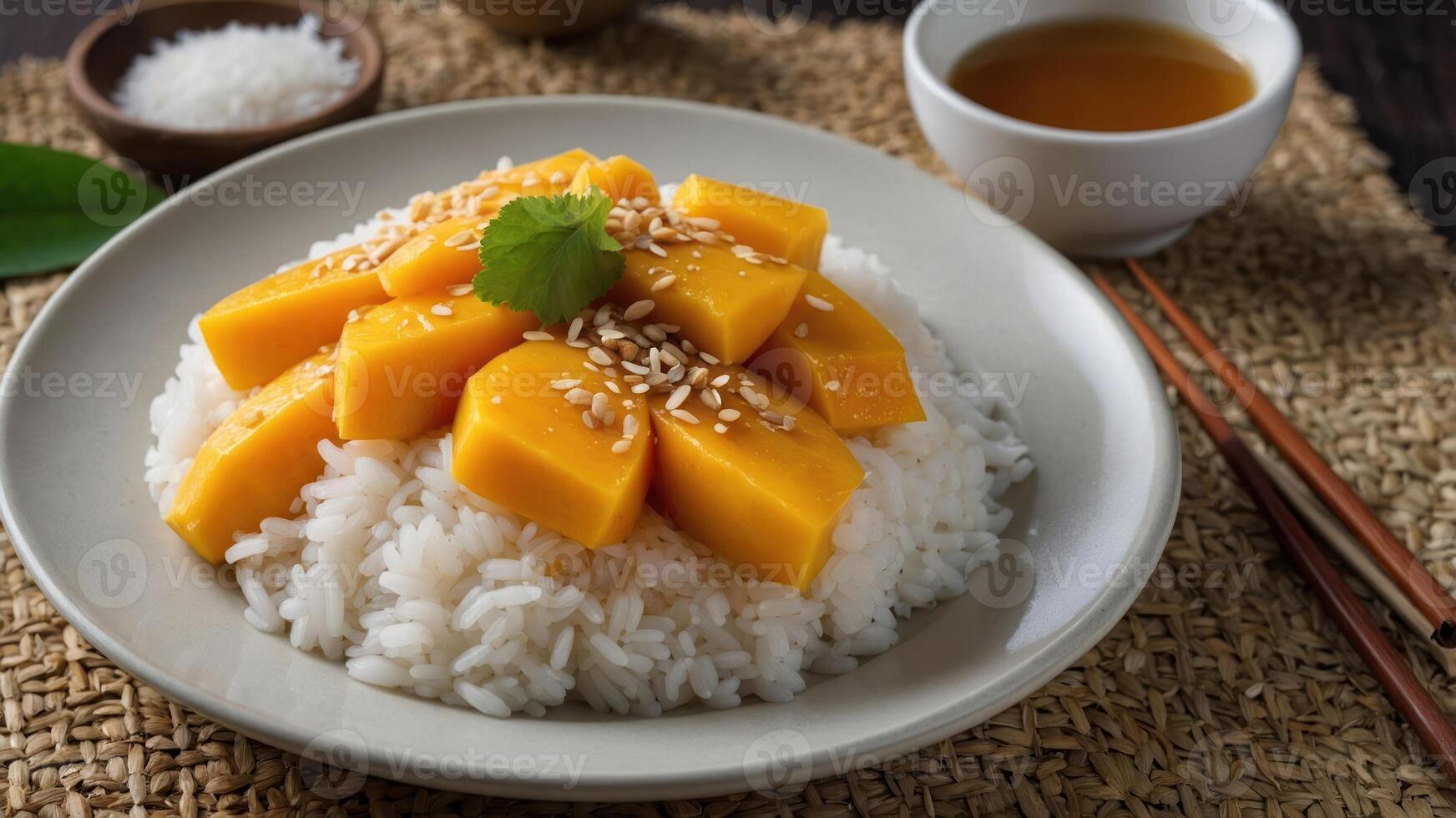 A bowl of rice topped with mango slices, sesame seeds, and a mint leaf, served with tea. photo