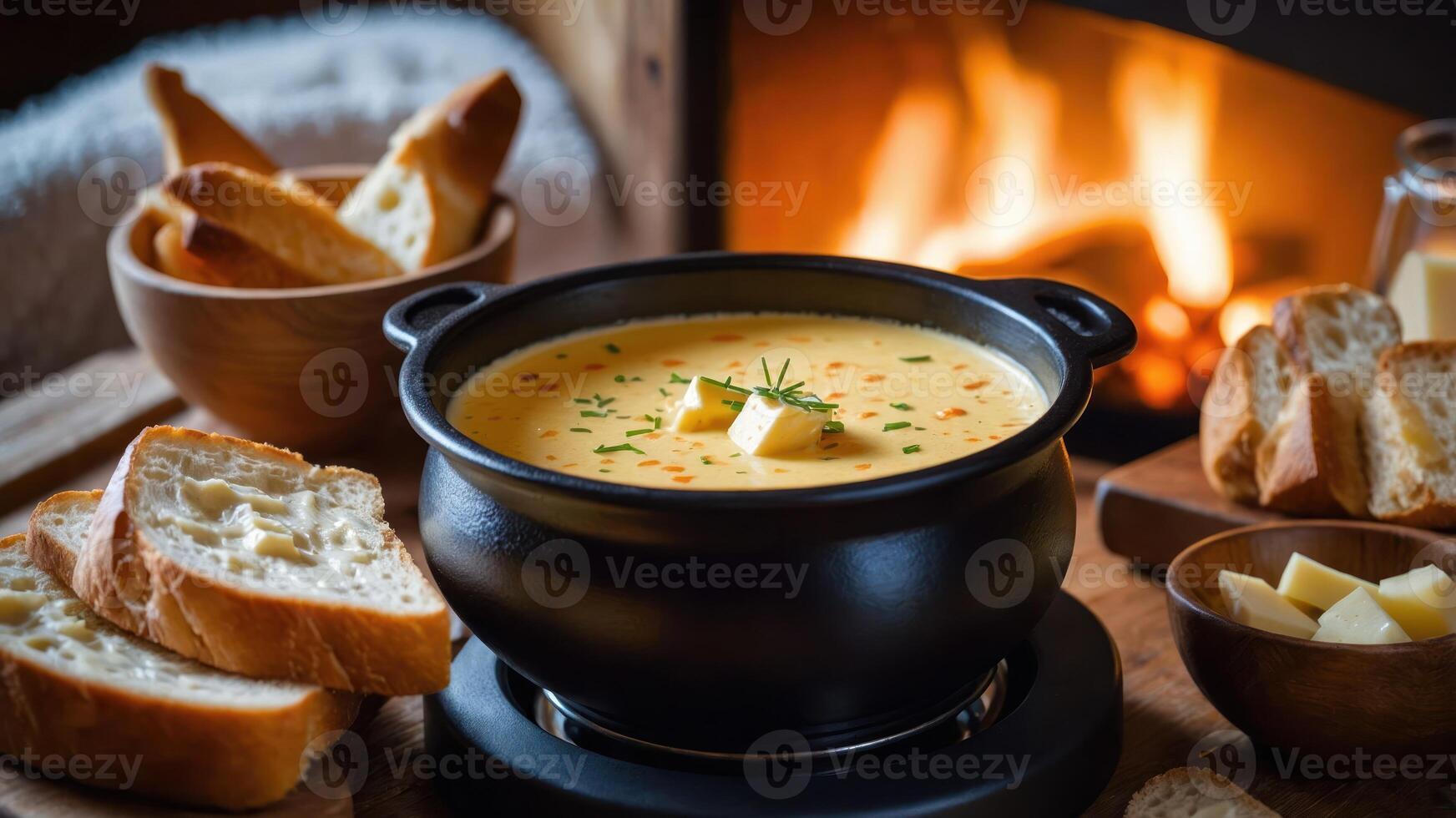 A cozy scene featuring a pot of cheese fondue, accompanied by bread and a warm fireplace. photo