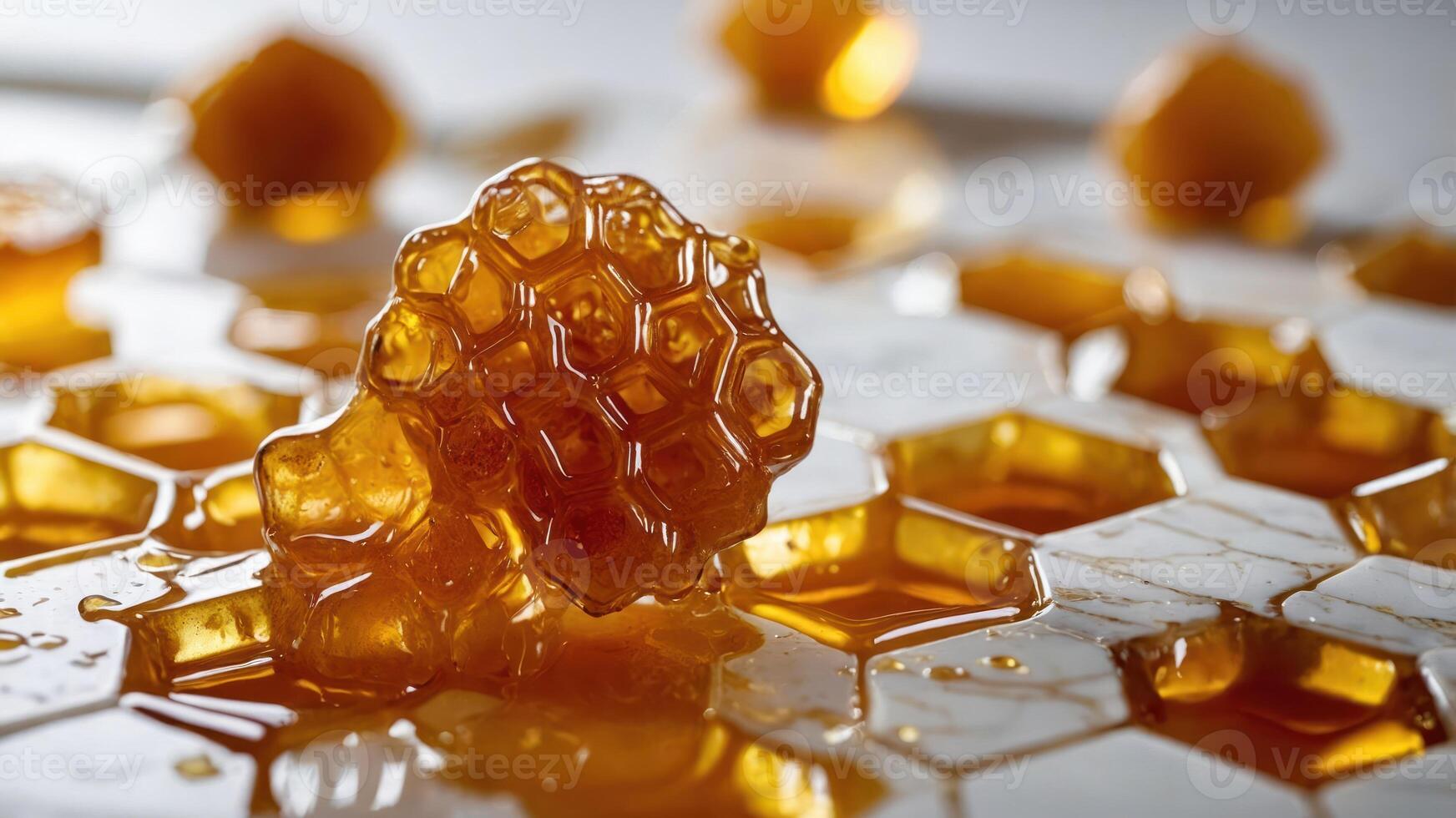 Close-up of honeycomb with dripping honey, highlighting its natural texture and sweetness. photo