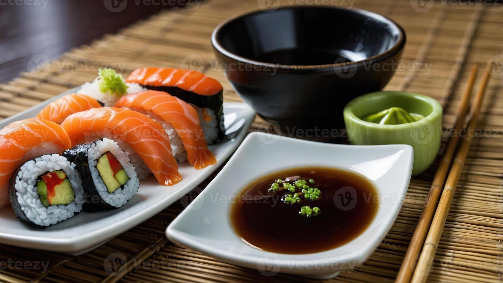 A plate of sushi with soy sauce, wasabi, and chopsticks, showcasing Japanese cuisine. photo