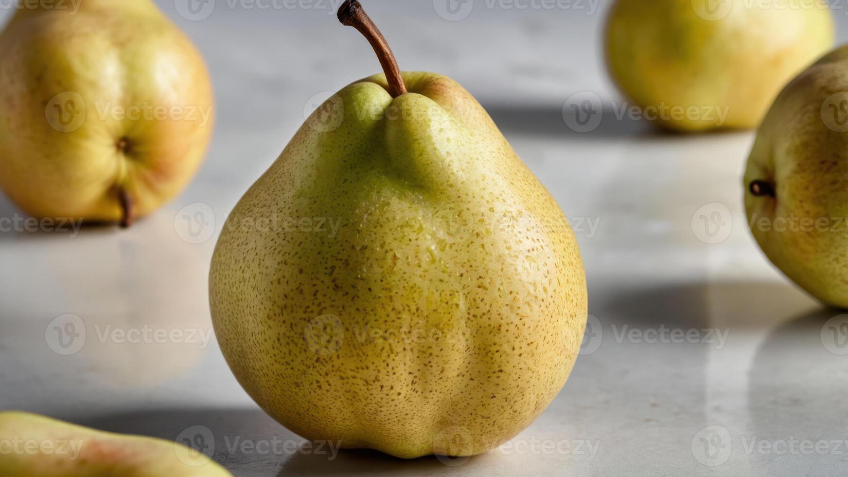 A close-up of a ripe pear on a marble surface, surrounded by more pears. photo
