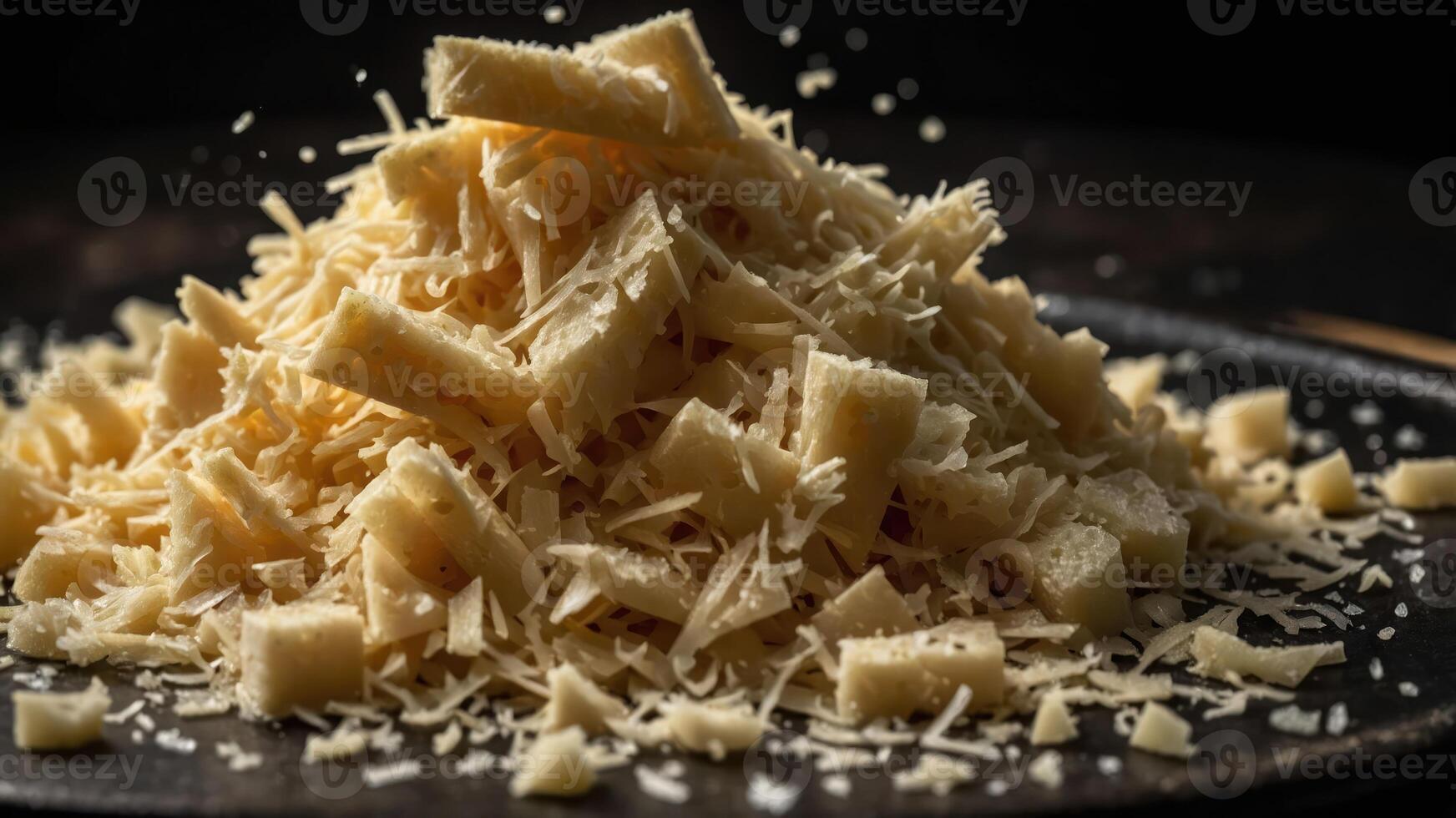 A mound of finely grated cheese on a dark plate, ready for culinary use. photo