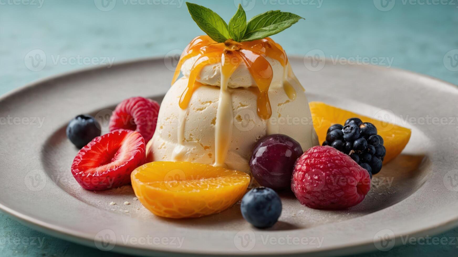 A dessert plate featuring ice cream, fresh fruits, and a drizzle of syrup. photo