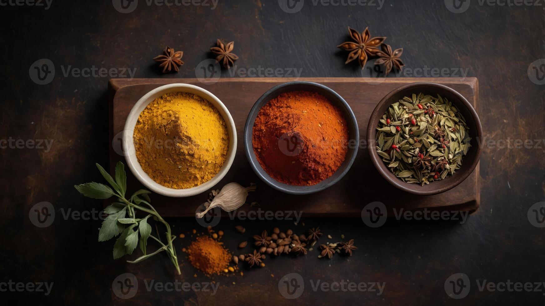 A wooden platter holds three bowls of vibrant spices, showcasing their rich colors and textures. photo
