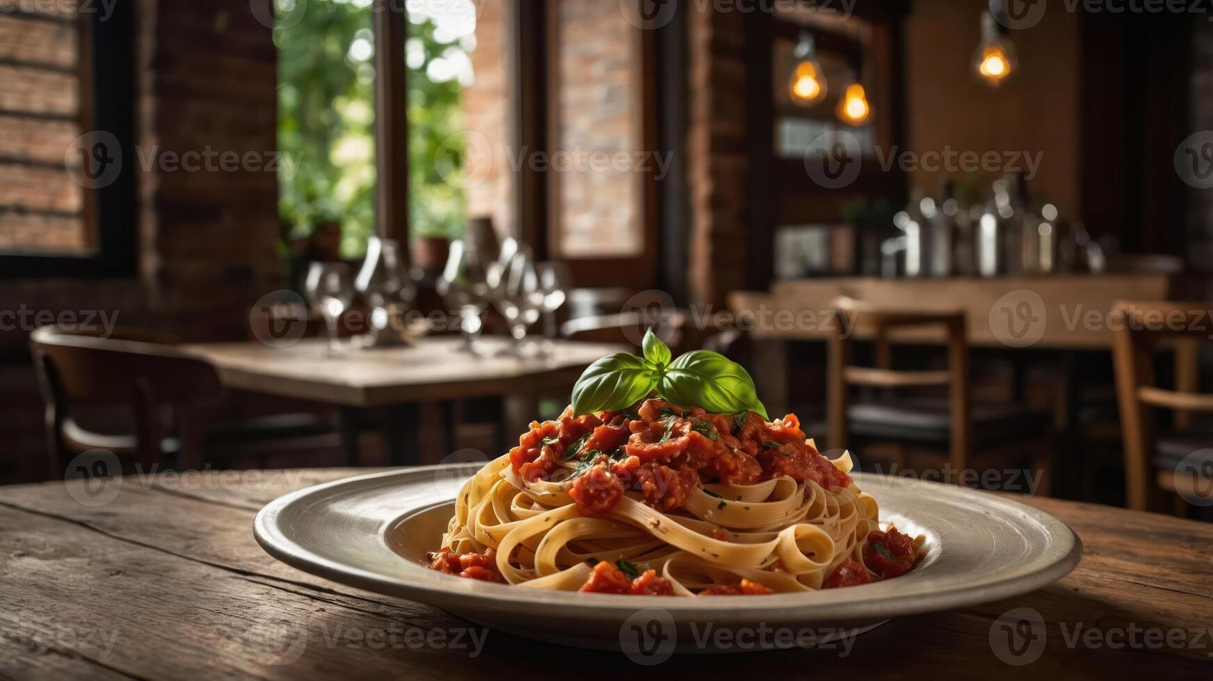 A plate of pasta with tomato sauce and basil in a cozy restaurant setting. photo