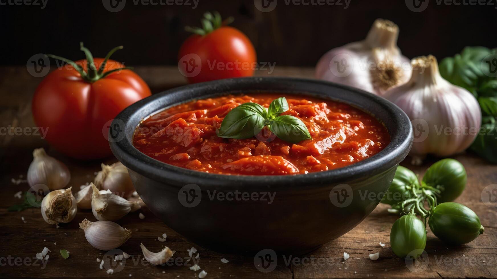 A bowl of rich tomato sauce surrounded by fresh ingredients like tomatoes, garlic, and basil. photo