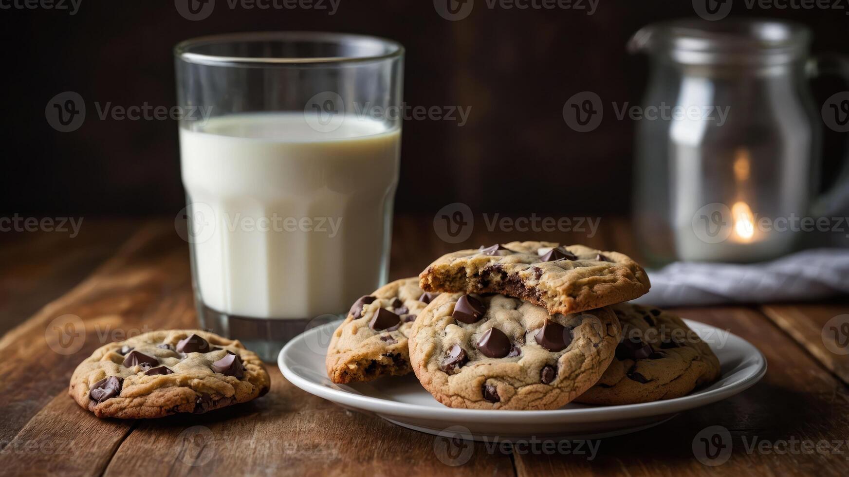A plate of chocolate chip cookies with a glass of milk on a wooden table. photo